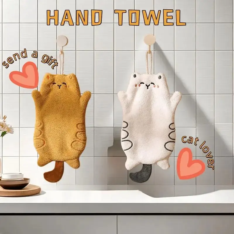 2pcs Coral Fleece Cotton Cat-Shaped Hand Towels, Strong Absorbency, Non-Shedding, Hangable, Orange & White Designs, Ideal for Kitchen/Bathroom, Perfect Gift for Cat Lovers (Valentine's Day), Animals, Kitchen Bath, Strong Absorbent, Home Use