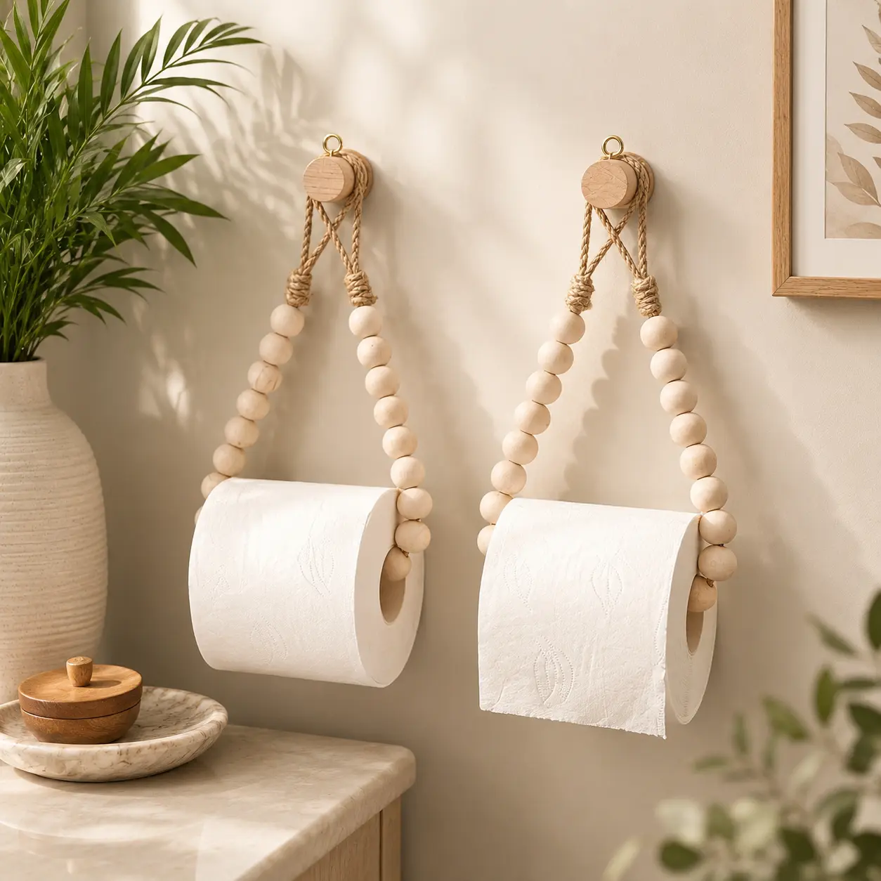 Punch Free Hemp Rope Tissue Holder Solid Wood Woven Roll Paper Towel Rack Wall Mounted Storage Organizer for Elegant Bathroom Decor