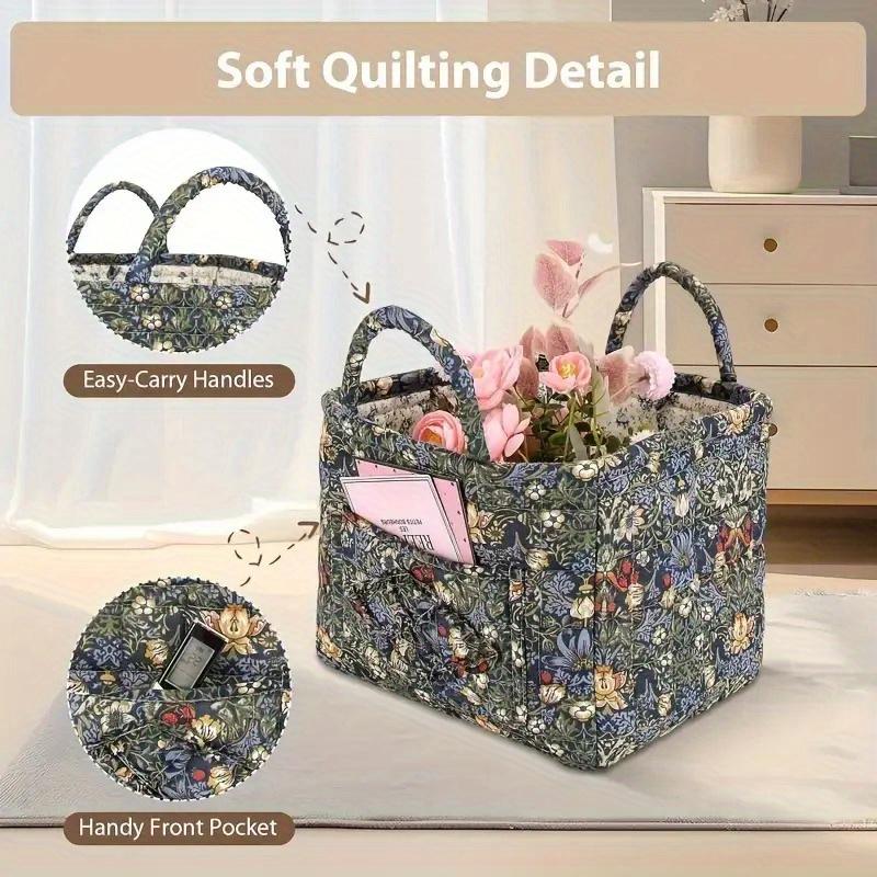 Charming Floral Fabric Storage Bins with Handles- Desktop Storage Basket, Travel Folding Organizer, Portable, Multi-Compartment Organizer for Clothes, Underwear& Accessories- Ideal for Bedroom or Bathroom Decor, Laundry Baskets