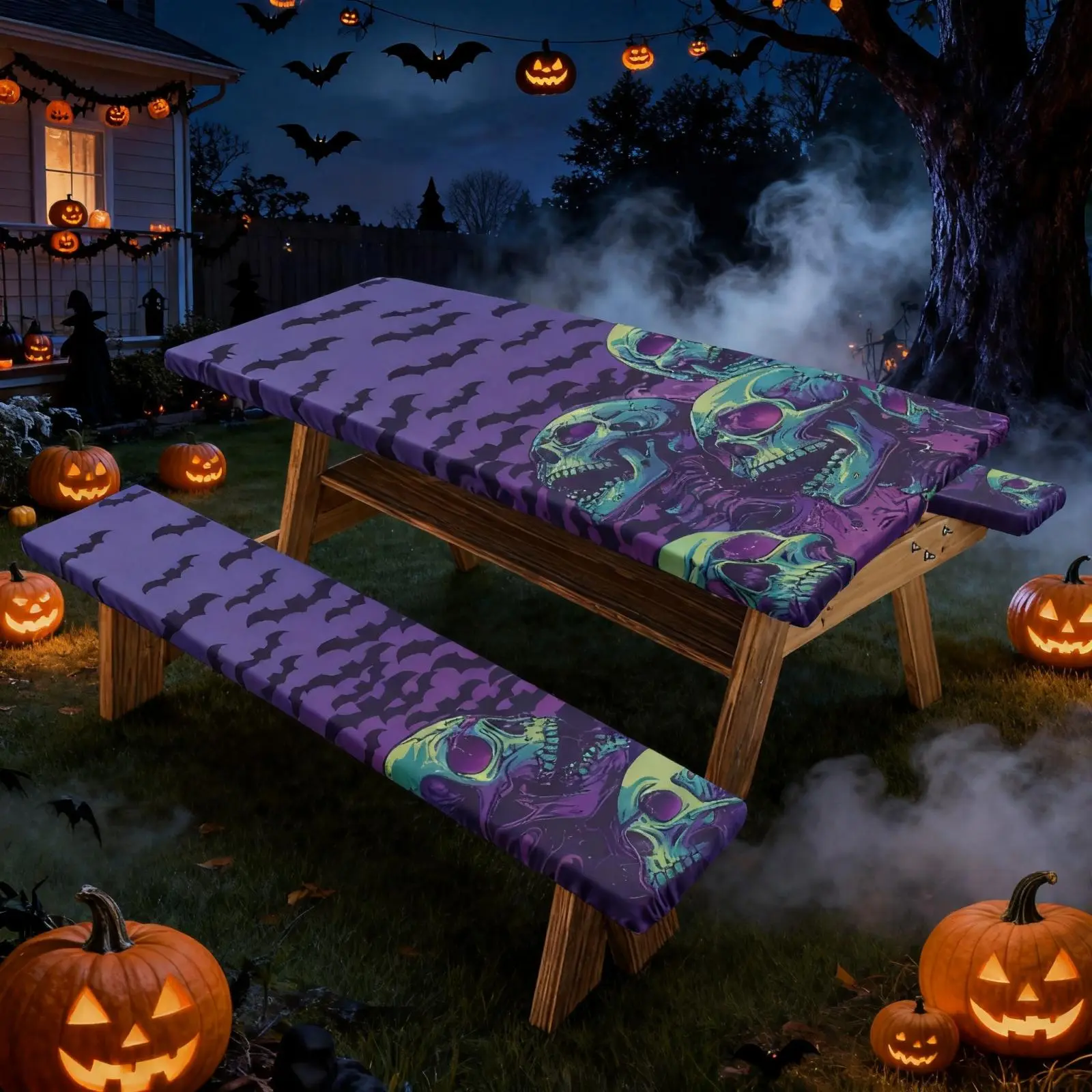 72X30 Inch Stretch Fitted Picnic Tablecloth and Bench Cover Set, Waterproof Heavy Duty Outdoor Tablecloth, Halloween Ghost Skull Bat Print, Slip Resistant Easy Clean Protector for Backyard, Park, BBQ, Picnic, Camping