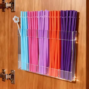 9.5” Large Acrylic Straw Holder for Cabinet Door with Detachable Ultra Sticky Adhesive Squares and Stickers, 2026 Reusable Straws Organizer Storage Dispenser for Kitchen Counter Cupboard