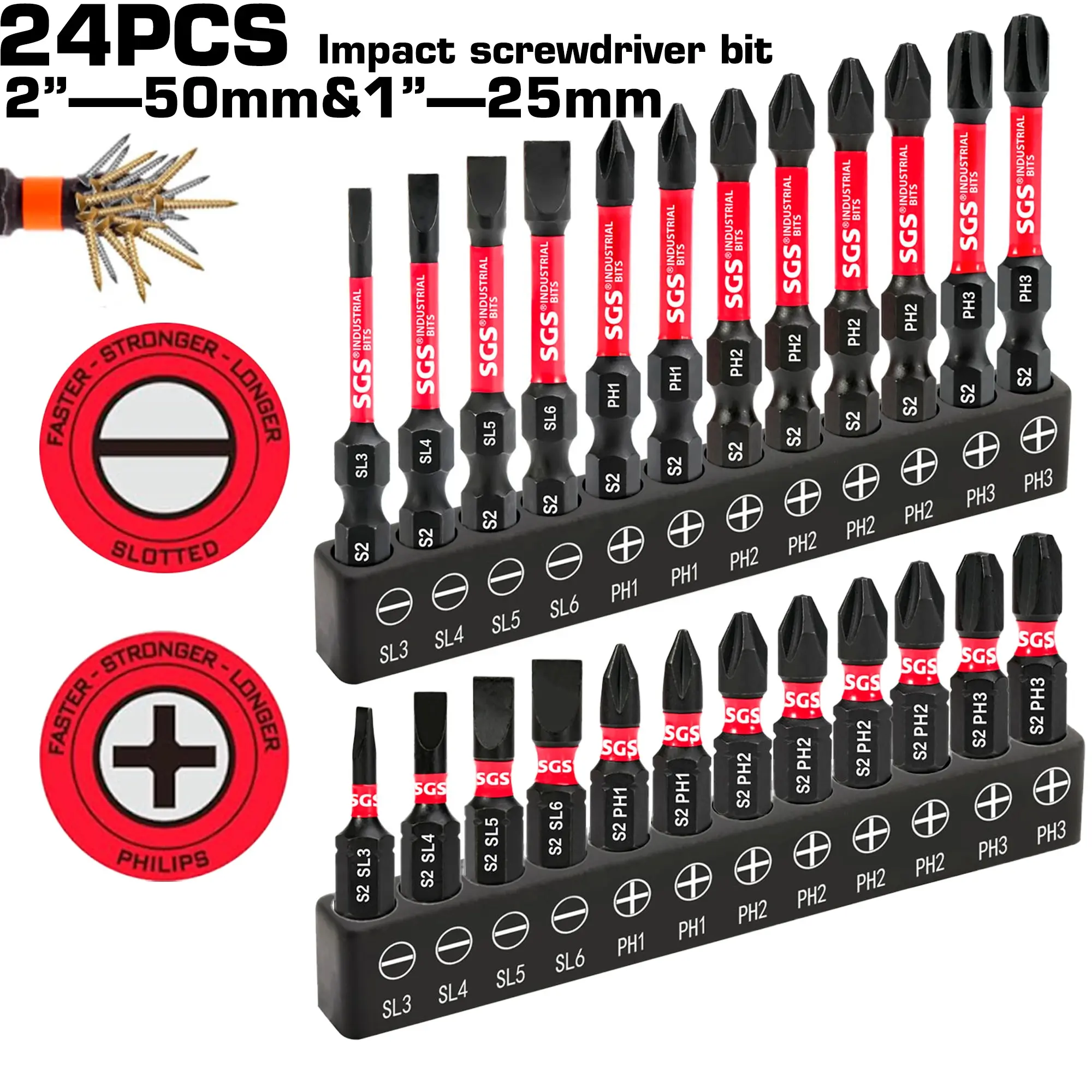 24pcs High Torque S2 Steel Bit Set, 25/50mm Slotted & Phillips Bits, Impact-resistant, anti-slip magnetic tips. Black storage base included. For hand/power tools, electric, woodwork, auto interior, electronics & machinery repair