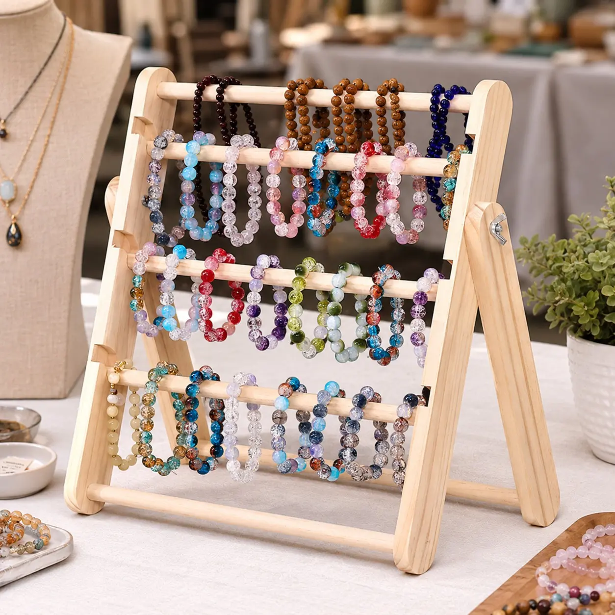 1pc Wooden Desktop Vertical Large Capacity Beaded Storage Daily Bracelet, Beaded Display Stand Suitable for Bracelets Watches Necklaces And Pendants Storage And Display Suitable for Jewelry Stores And Daily Home Jewelry Storage Detachable Design Mad