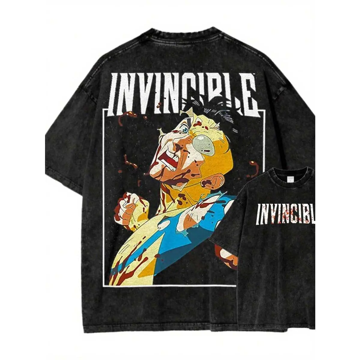 2026 Men's Washed Streetwear Brand Has Launched An Oversized T-Shirt Featuring Invincible Comic Character Designs And Text. This Casual Outfit Is An I