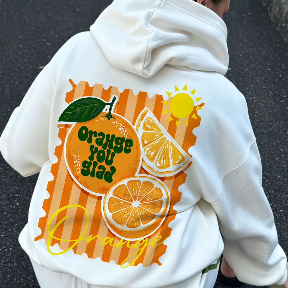 Women's Orange You Glad Graphic Hoodie - Vintage Citrus Fruit Postage Stamp Style, Heavyweight Cotton Fabric, Unisex Oversized Essential Pullover, Long Sleeve Funny Pun Top (Summer Sunshine Themed), Casual, Streetwear, Oversized Hood, Heavy Cotton