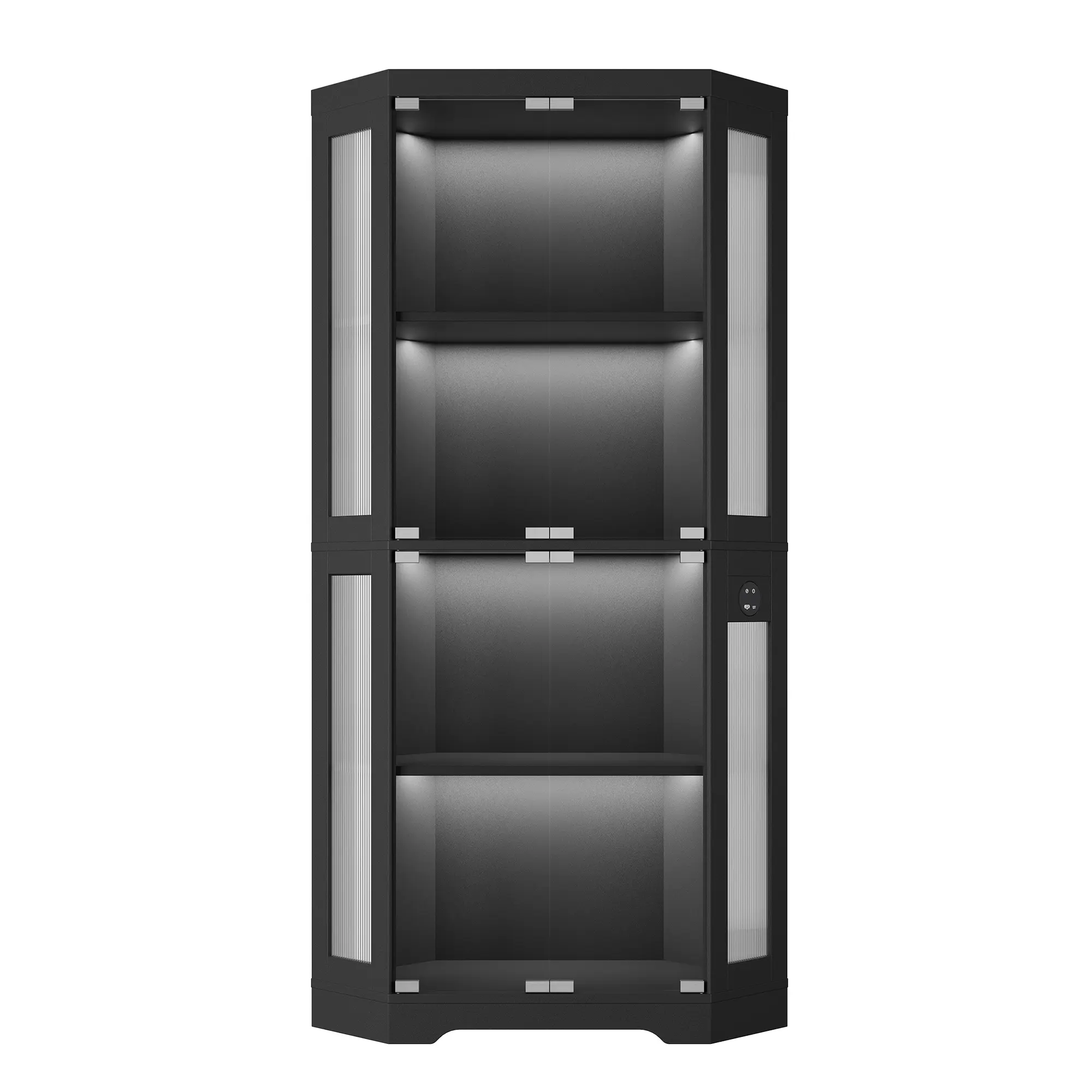 Modern Glass Corner Display Cabinet - Corner Shape, 4 Tiers, Glass Doors, 3-Color LED Lighting, Motion Detector, Charging Ports - Living & Dining Room Showcase