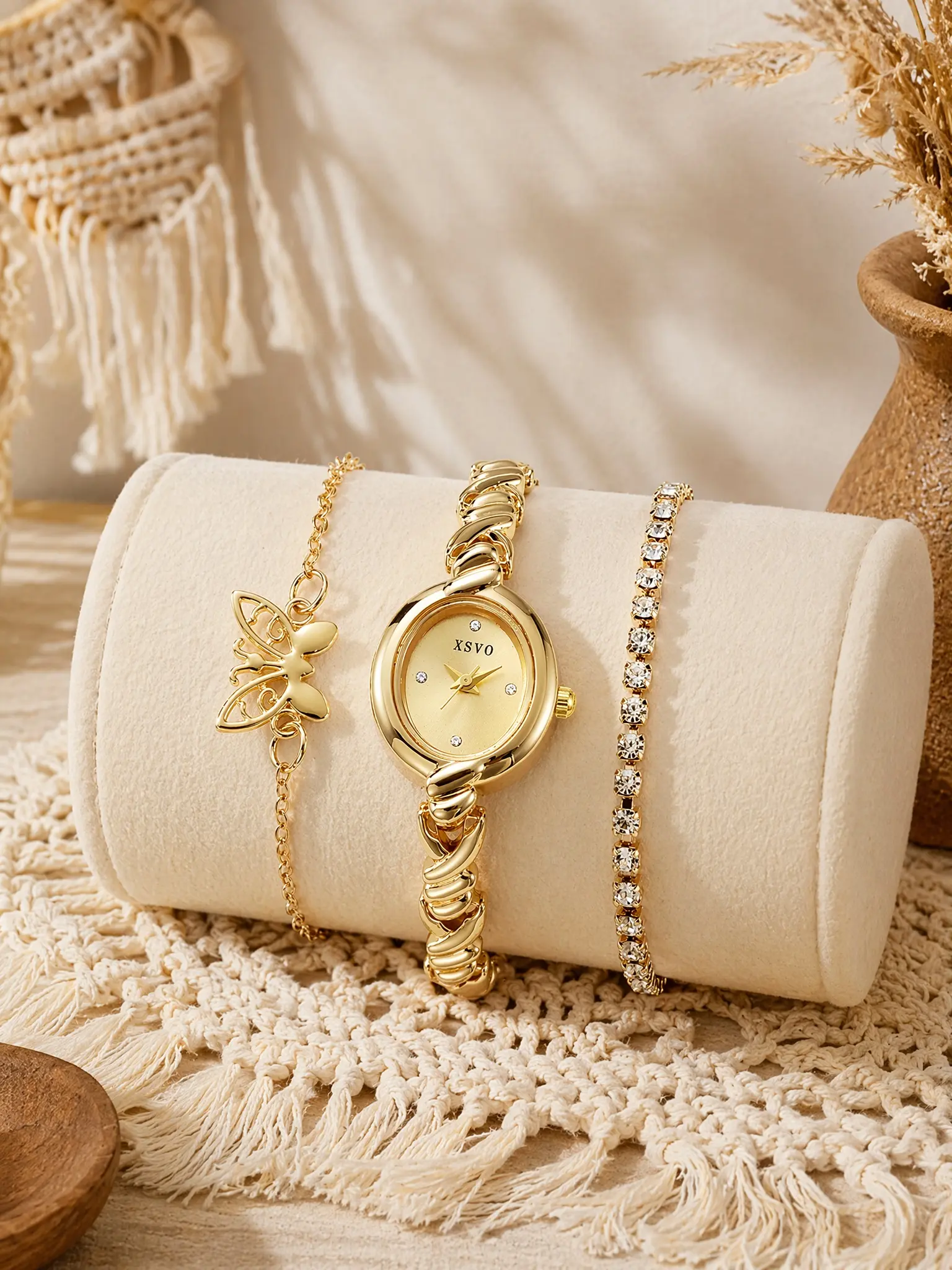 Women's Band Diamond-Encrusted Round Watch Set, Boho Style Quartz Analog Watch, Elegant Daily Accessory for All Seasons