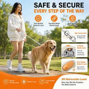 5m Retractable Dog Leash with One-Button Brake & Lock, 360° Swivel Hook, Anti-Tangle W-Shaped Rope, Ergonomic Handle for Small & Medium Dogs