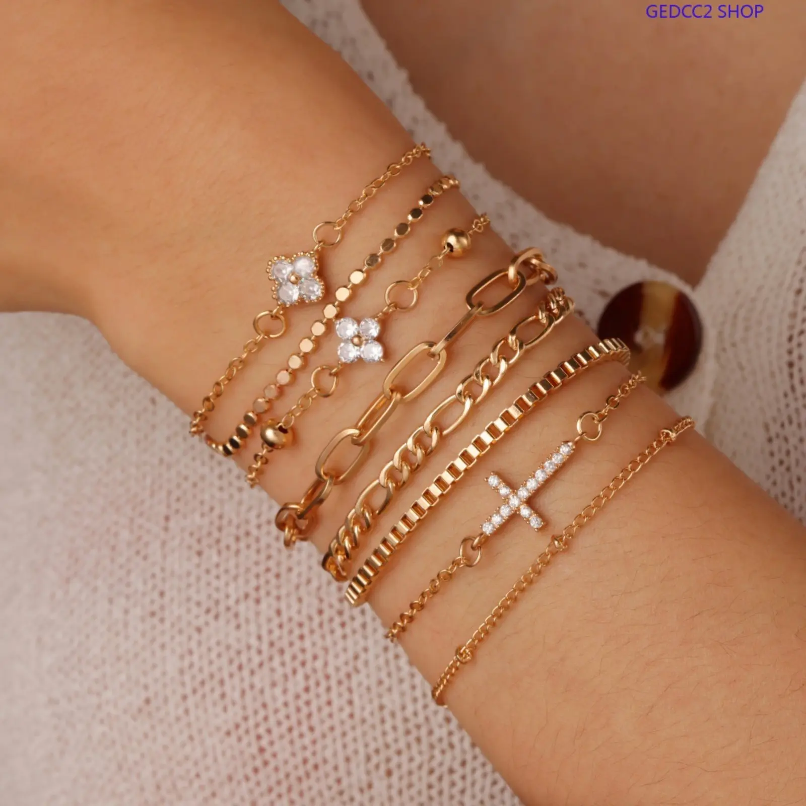 Women’s Layered Charm Bracelet Set, Rhinestone Flower & Cross Pendant Bracelets, Stackable Fashion Jewelry Accessories for Daily Wear & Party