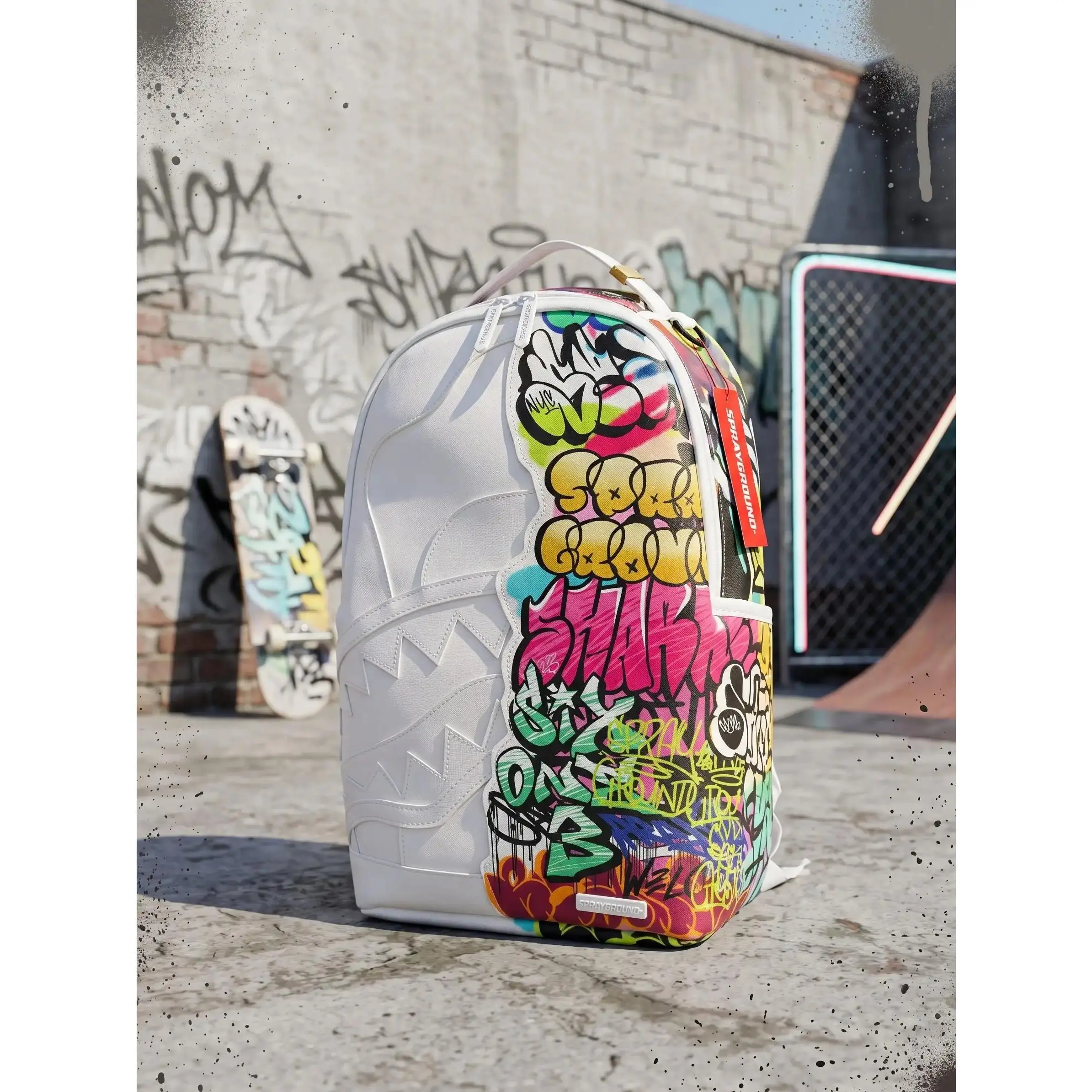Unisex SG Split White Leather Graffiti Wall Backpack - Embossed Design, Colorful Print, NYC Theme, Streetwear School/Travel Laptop Daypack (Sports & Outdoor Gym Bag Accessory)