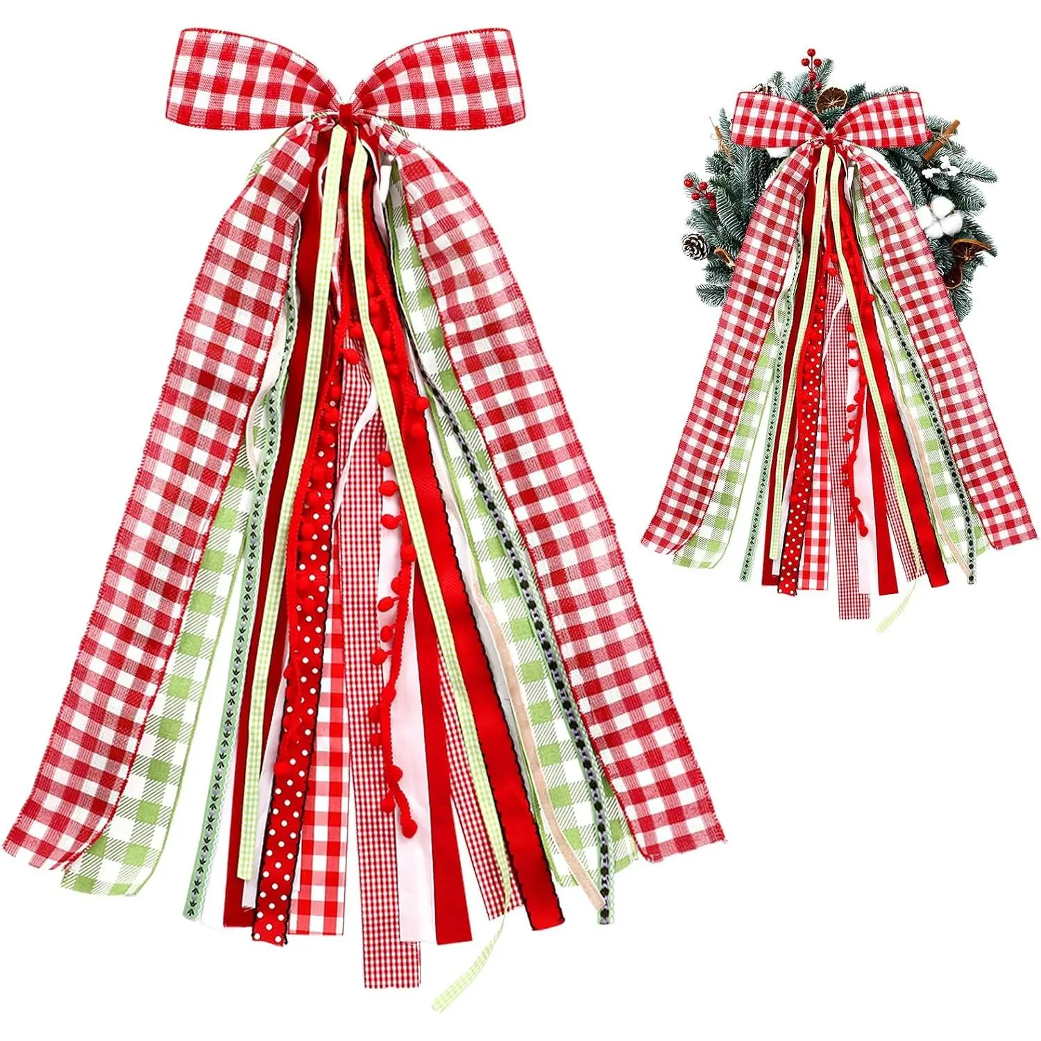 Large Buffalo  Christmas Ribbon Bow Sash for Wreath 12" x 24" Red Xmas Tree Topper Bow Ribbons Bundle Giant Holiday Ornaments Decor for Winter Front Door Wall Window Indoor Outdoor