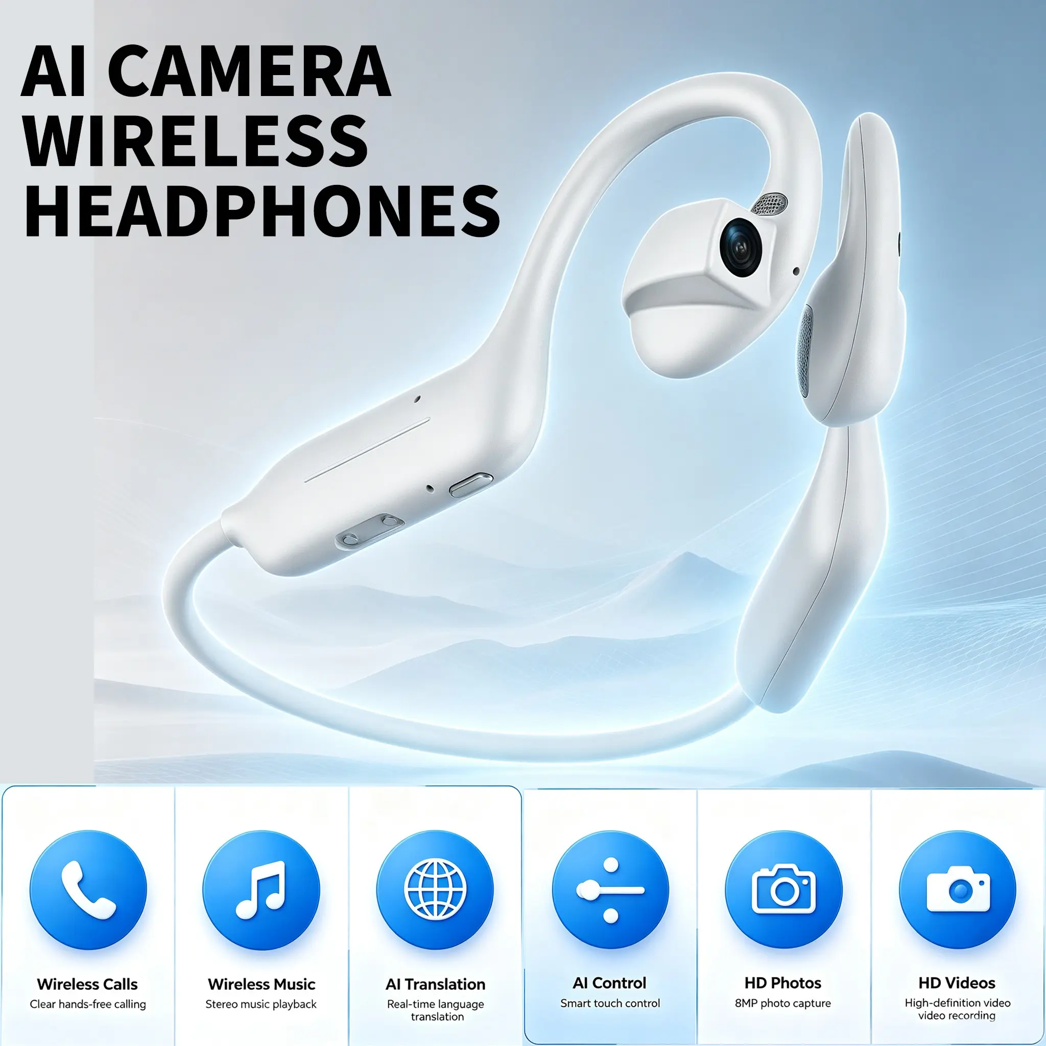 Open bone conduction headphones, equipped with an 8MP EIS camera, supporting AI intelligent conversation, music playback, hands-free calling, recording and other functions, with 8GB memory, suitable for outdoor sports and travel