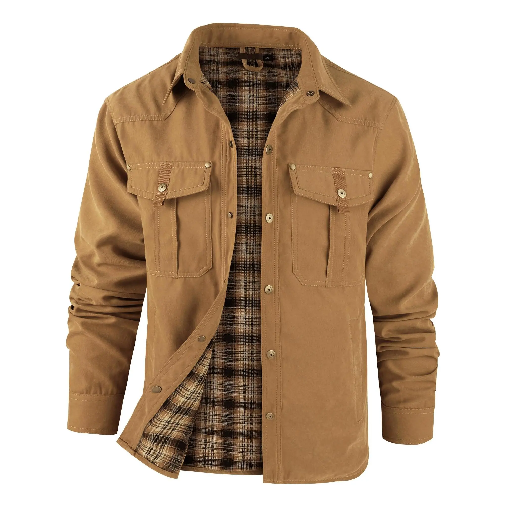 Men's Lightweight Classic Flannel-Lined Western Cowboy Snap-Button Long-Sleeve Shirt Coat with Pocket - Menswear Warmer Winter Workwear Retro Casual Lapel Bomber Outerwear