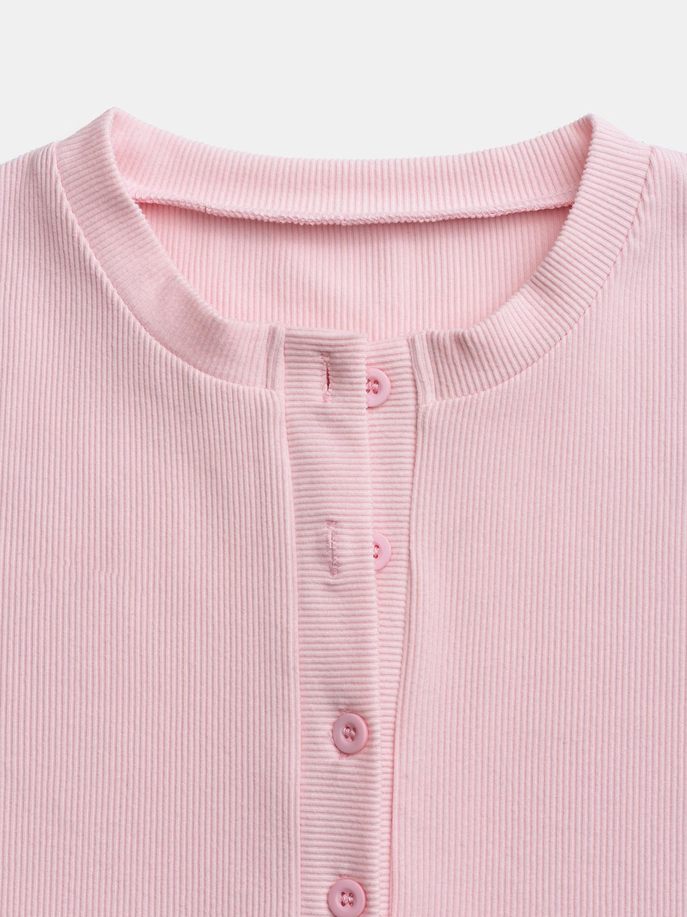 Women's Casual Round Neck Long Sleeve Button Front Top, Basic Solid Color Design, Extended Length, Perfect for Daily Wear, Womenswear