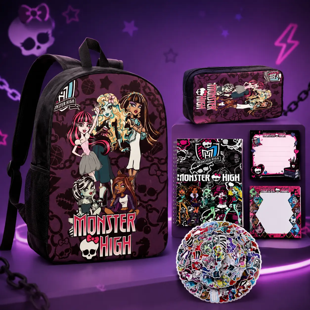 2026 Monster High School Backpack with 1 Pencil Case 1 Notebook, 2 Note Pads, 50pcs Stickers, School Book Bag Kit  for Girls Boys Teens, Back To School Supplies Kit Stationery Gift Elementary Middle School Teens