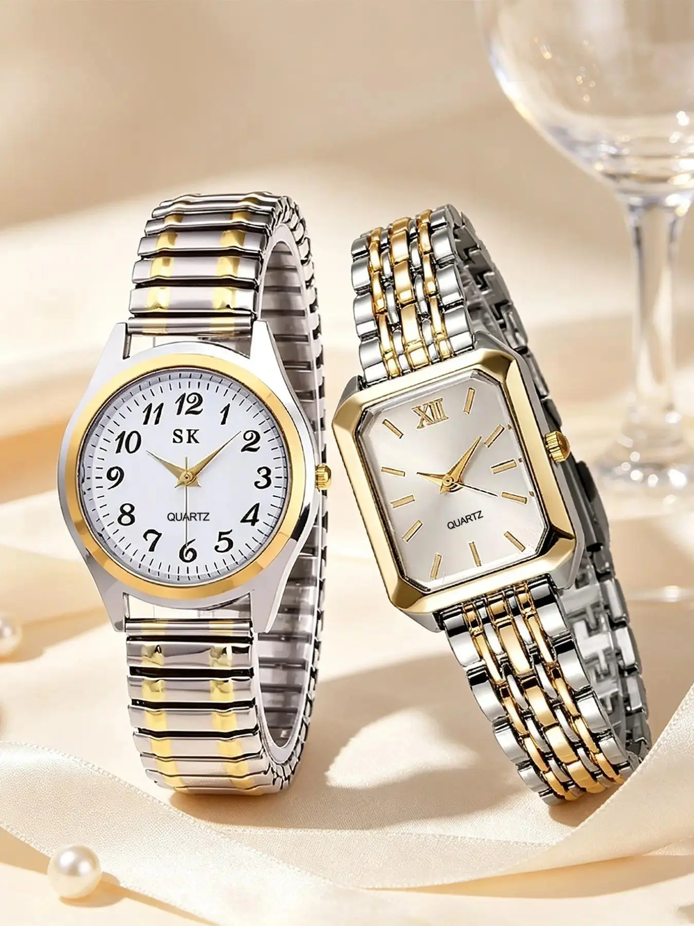 2 Piece Set Women's Fashion Stainless Steel Quartz Watch, Couple Watches, Mother's Day Gift, Daily Wear, Silver Color, Round Face, 32mm Diameter