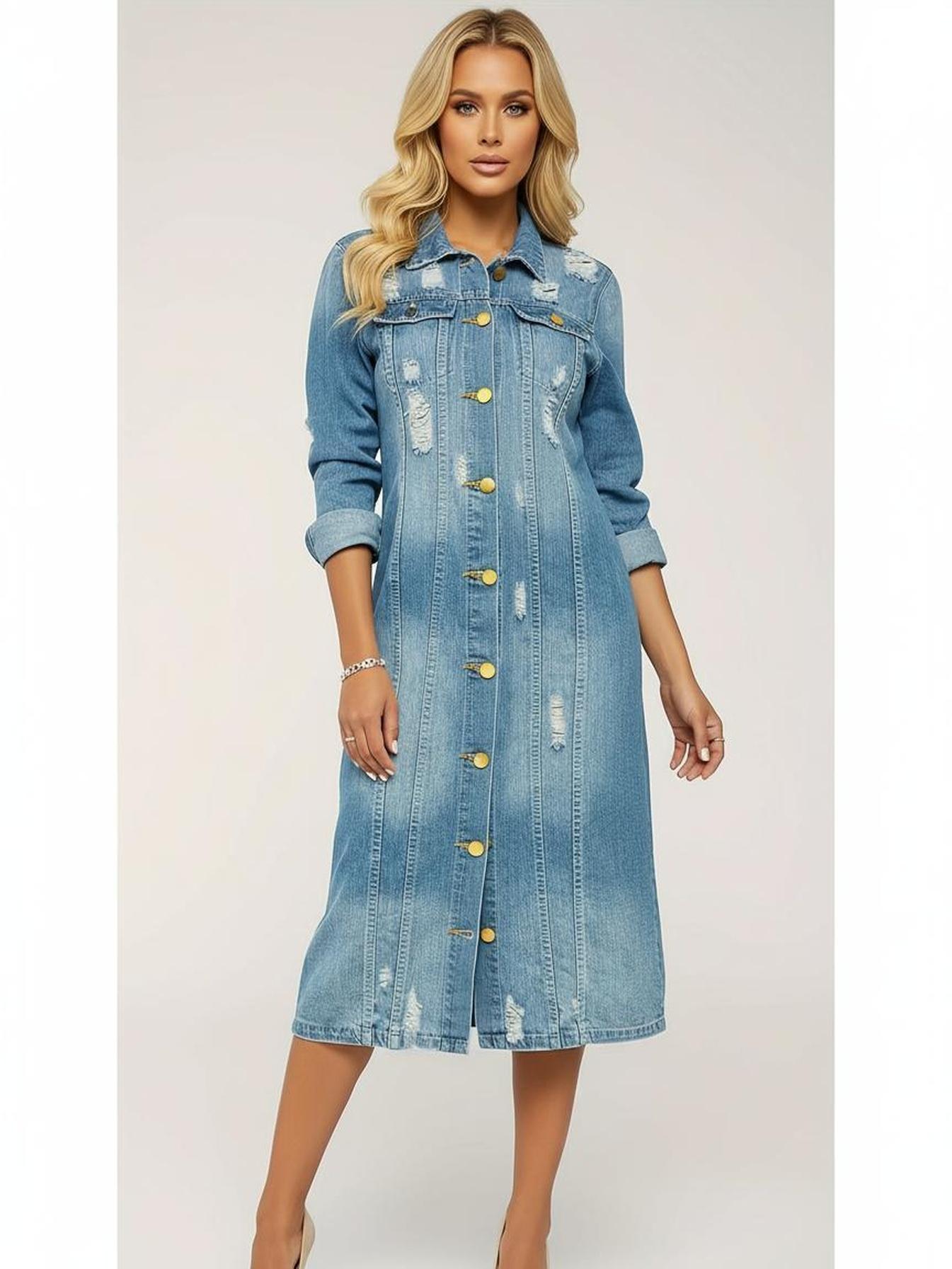 Women's Long Distressed Denim Duster Jacket Button Front Ripped Jean Coat with Pockets