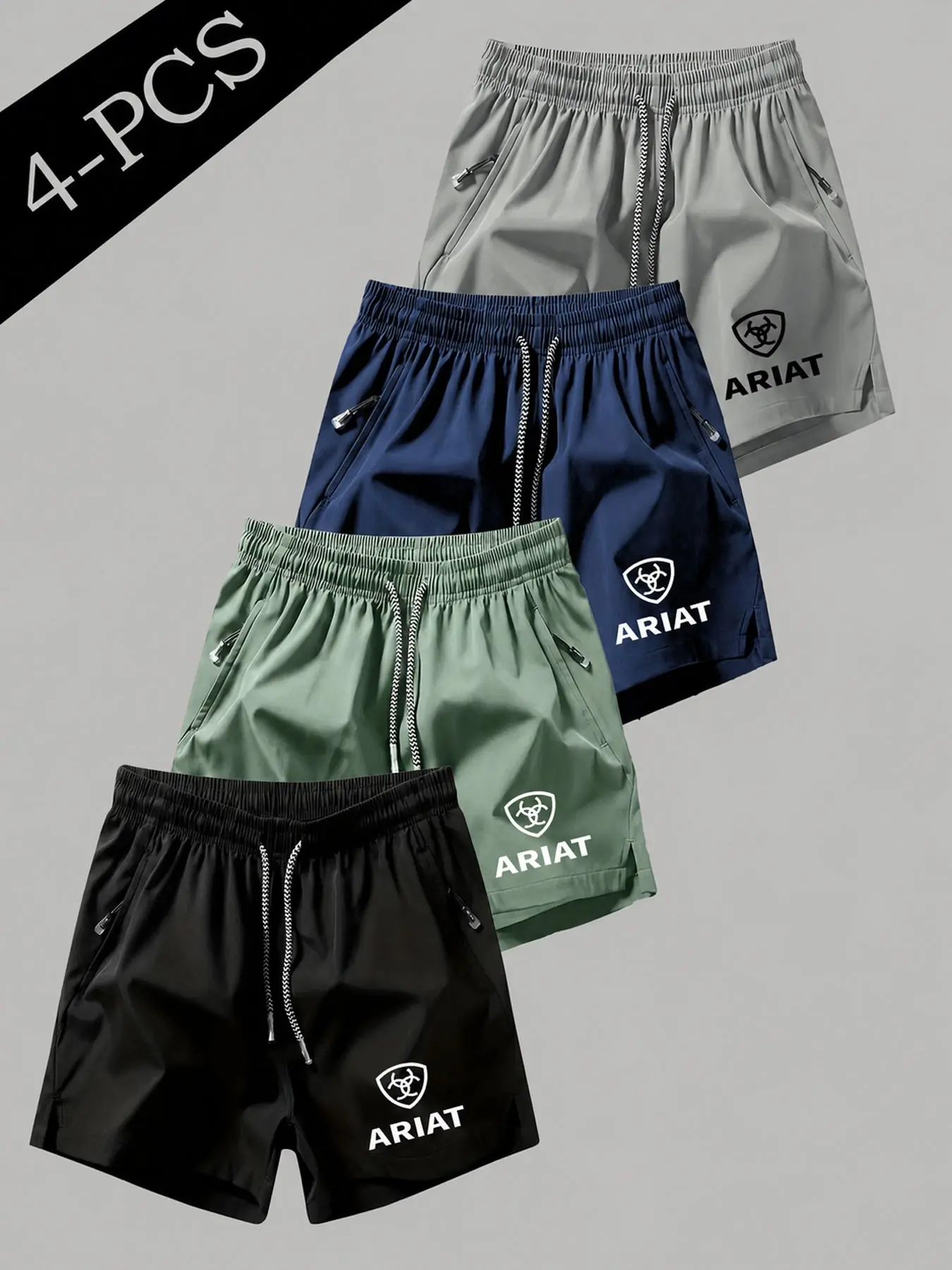 Men's Quick-Dry Sport Shorts Set, Fitness Training, Outdoor Running, Beach Vacation, Shield Logo Print, Lightweight Breathable Fabric, Zip Pockets
