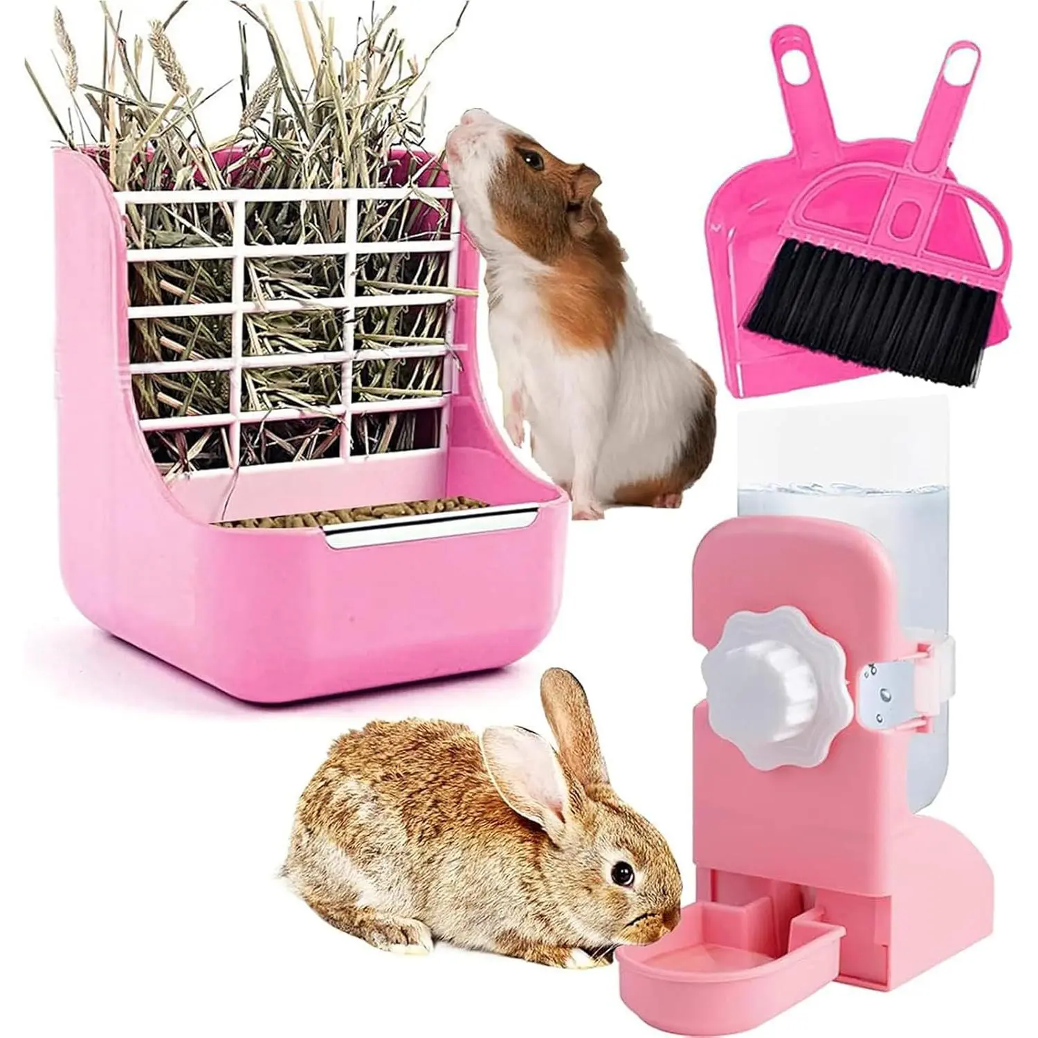 Rabbit Hay Food Bin Feeder and Bunny Water Bottle Set, Hay Food Feeder Bowls Manger Rack with 500ml Hanging Water Dispenser Prevent Knock Over for Rabbit Guinea Pig Chinchilla