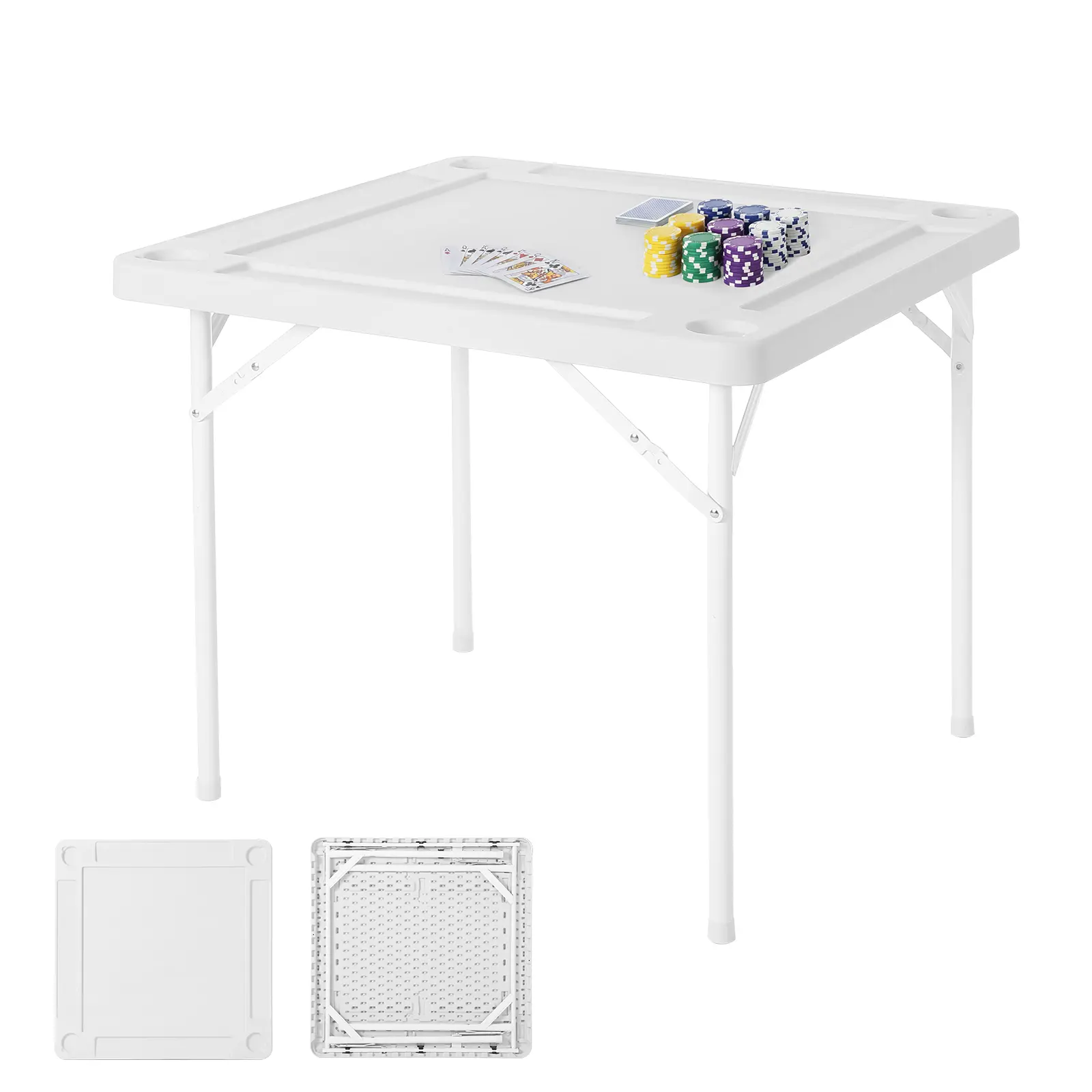 Portable 35-Inch Folding Mahjong Table, Square 4-Player Game & Card Table - Removable Green Felt Mat - HDPE Top, Metal Legs - 4 Cup Holders & Chip Trays