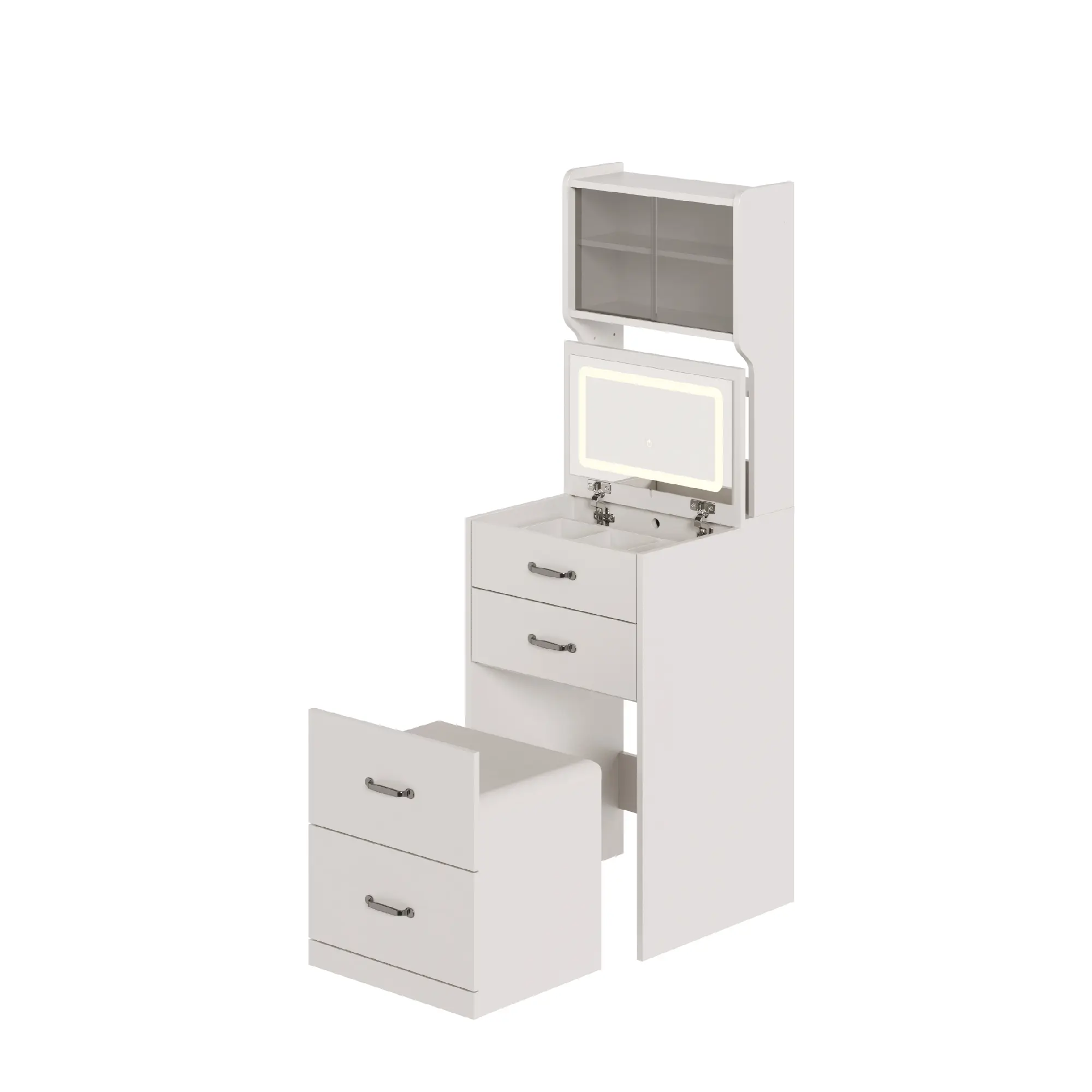 3-in-1 Vanity Desk with 3-Color LED Mirror, Compact Dressing Table, Drawers, Bedside table, Jewelry Box, 2 AC Outlets, USB Ports, Acrylic Doors, Hidden Chair, Modern Bedroom Furniture