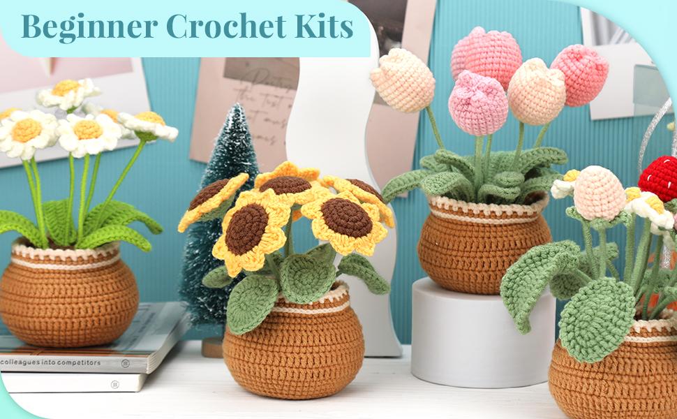 2 Pieces Crochet Hook Set, Suitable for Beginners, Flowers Crochet Hook Set, Crochet Starter Kit Potted Plants with Step-by-Step Video Tutorial, Suitable for Beginners and Adults (Daisies and Sunflowers)