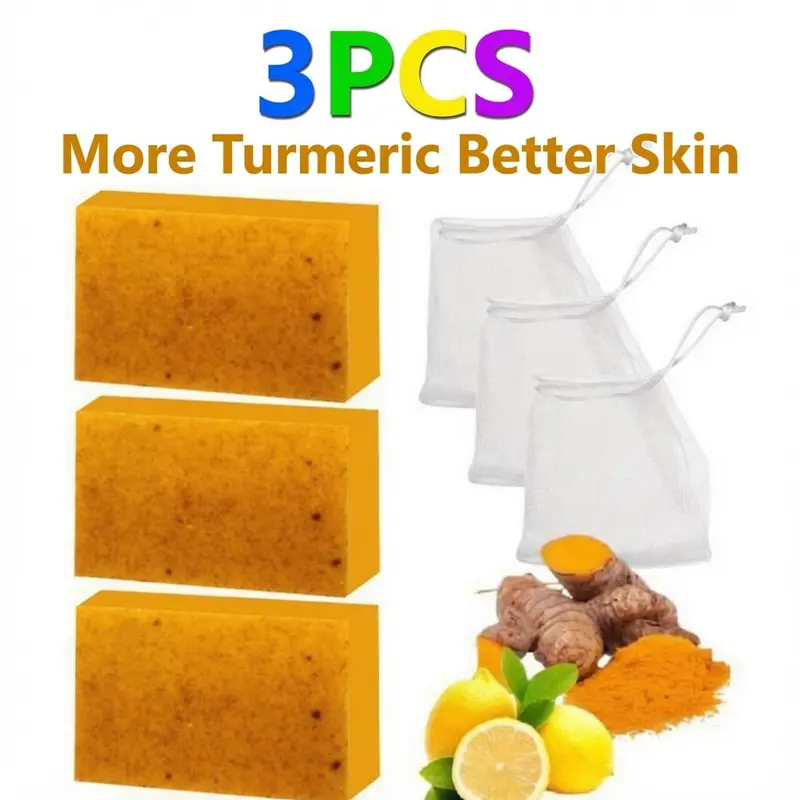 [Living]3PCS Turmeric Soap,Deep cleansingSoap,Moisturizing Soap For Face &Body,Body wash & Soap For Women& Men