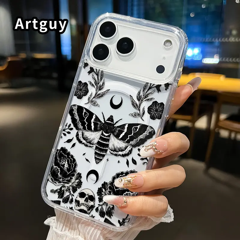 Clear Magnetic Phone Case for iPhone 17 16  Pro Max Plus 15 14 13 12 11 Air E Moth Moon Mortality  Hard Acrylic Back Soft Edge Four Corners Bumper Shockproof Cover Shell Gift