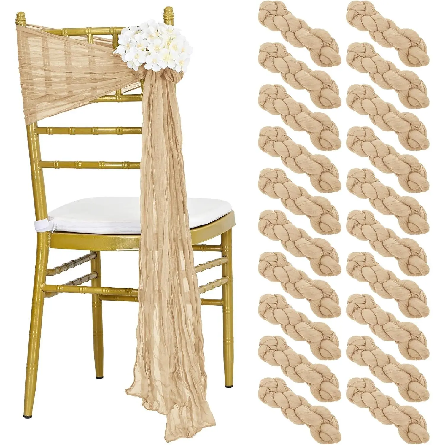 Cheesecloth Chair Sashes Aisle Decorations 20 Packs, Chair Bow Designed Decorative Chair Cover Chair Sashes 108 Inch for Wedding Reception Party Hotel Decoration(Beige)