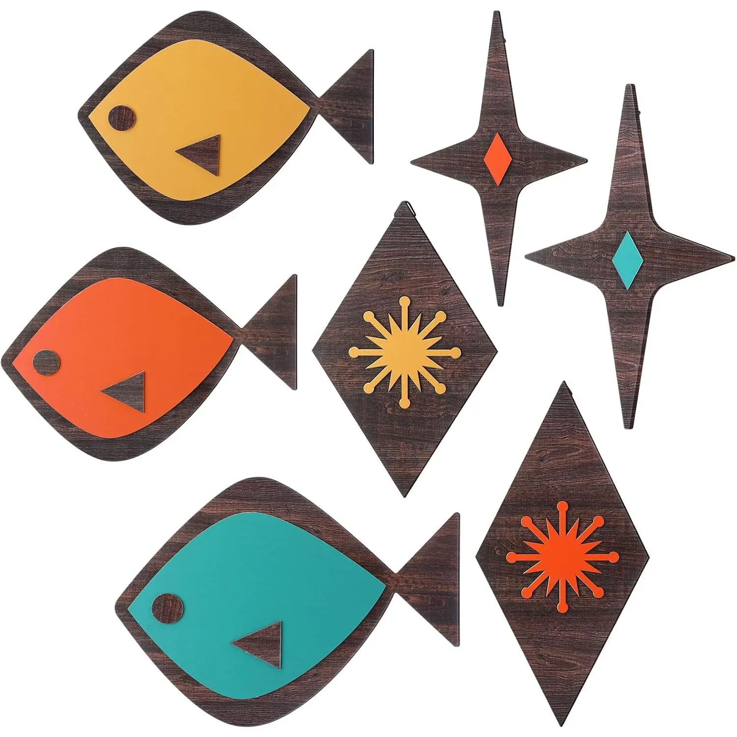 7 Pcs Mid Century Modern Wall Art Abstract Fish Wall Decor Retro Atomic Stars Fish Starbursts Vintage Minimalist Mcm Hanging Sculpture 1950s Decor for Living Room Office Beach Home Accents