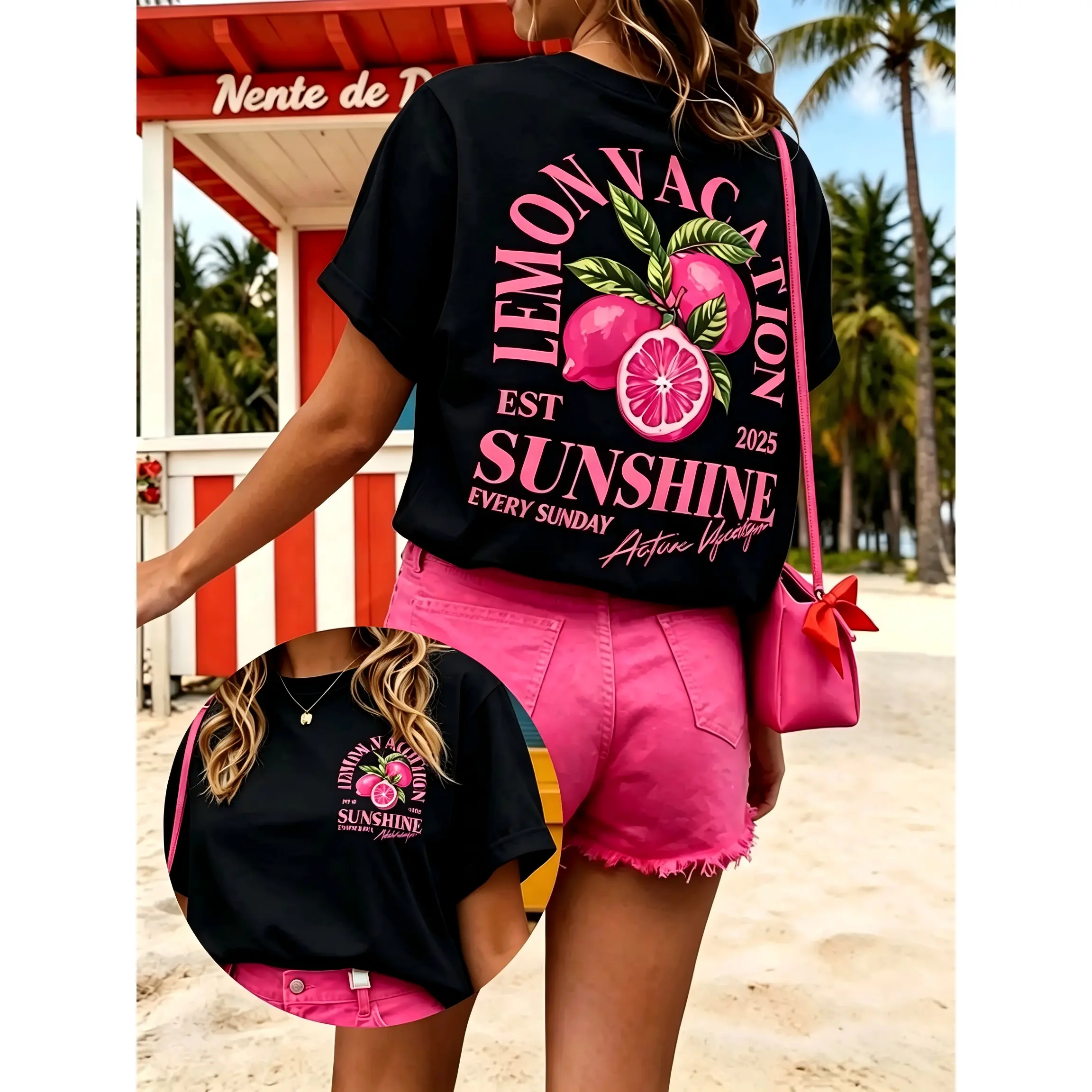 Women's Retro Lemon Letter Print T-Shirt,  Cotton Short-Sleeve Crewneck Casual Everyday Top