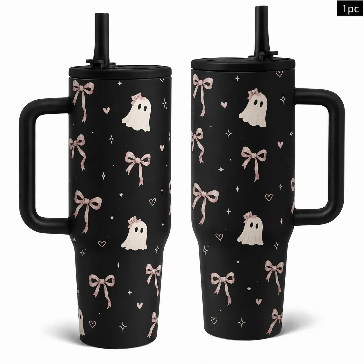 1PC 40oz Cute Ghost Pink Bow Heart Pattern Insulated Tumbler with Handle & Straw, Leak-Proof Lid, Double Wall Vacuum Stainless Steel Travel Mug, Hot 12H Cold 24H, Large Capacity Cup for Men and Women, Halloween Gift