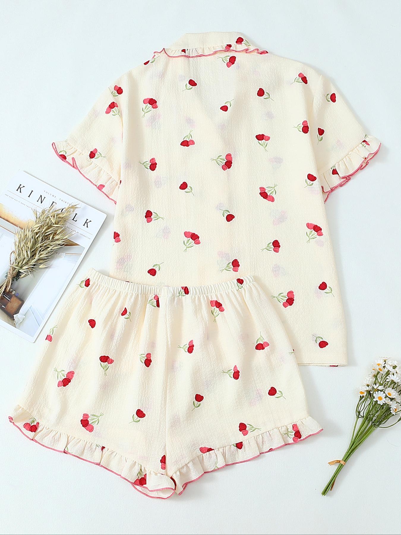 Women's Floral Print Pocket Shirt & Shorts Pyjama Two-piece Set, Casual Comfy Short Sleeve Collared Top & Shorts PJ Set, Ladies Summer Sleepwear Pajamas