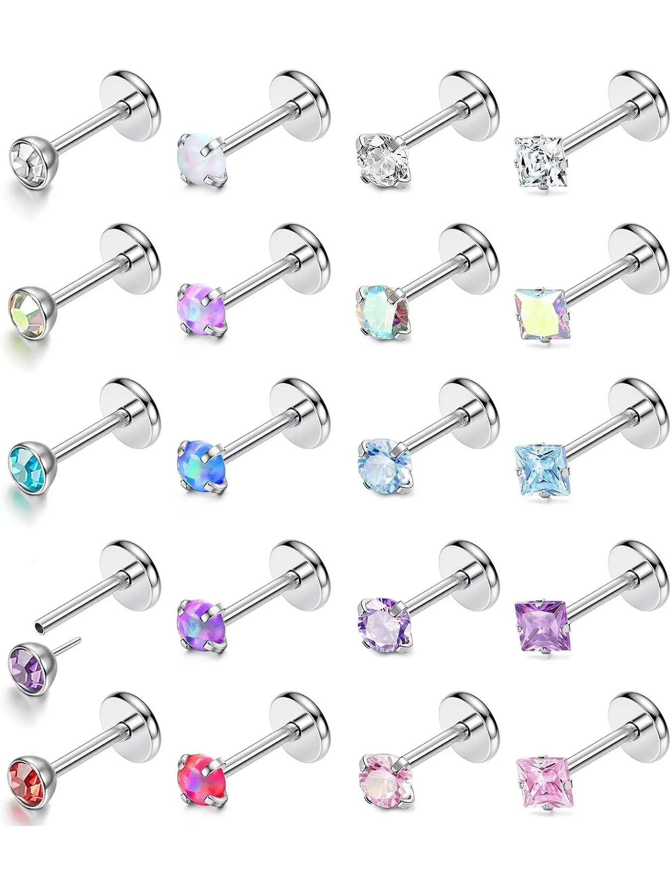 20Pcs Flat Back Nose Studs Threadless Tragus Piercing Jewellery Surgical Steel Push in Flatback Cartilage Earrings Set Hypoallergenic Silver Nose Labret Lip Piercing Jewellery for Women Men 18G/20G