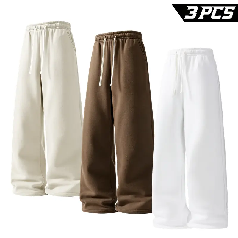 Men's Straight Open Hem Sweatpants 3 Pack, Relaxed Wide Leg Jogger Pants with Drawstring Waist and Pockets for Casual Street Style, Travel, Walks, Lounging, Errands and Daily Looks