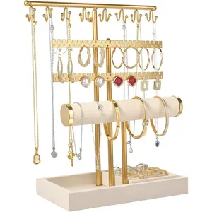 3 Tier Jewelry Organizer Stand with Ring Tray - Adjustable Tall 17.7" (Max), Jewelry Holder for Necklace, Bracelet, Earring, Ring Storage, Jewelry Display Storage Stand for Women
