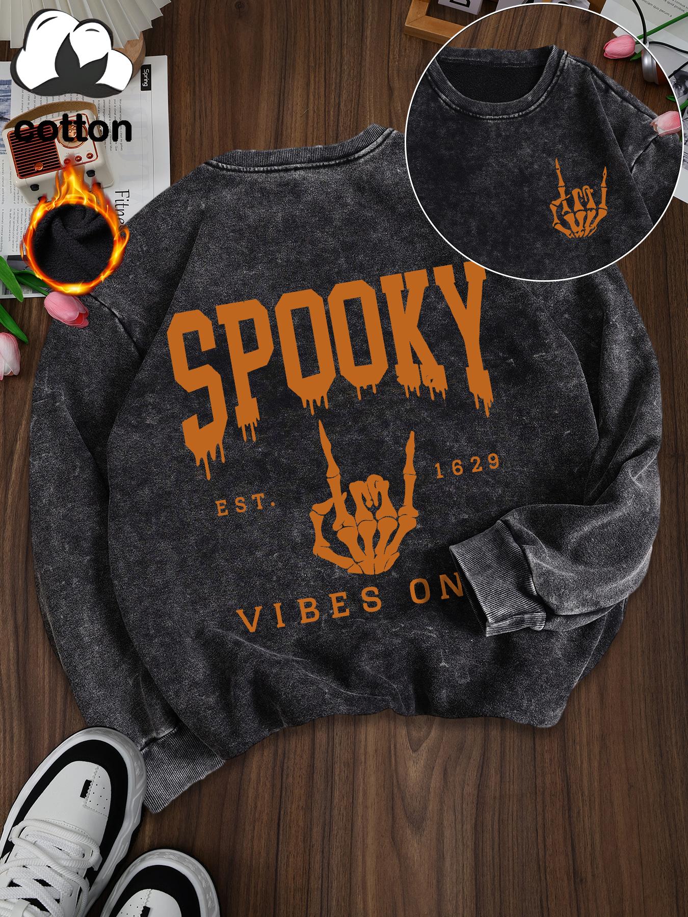 Women's Casual Vintage Wash Cotton Pullover Sweatshirt, Round Neck Long Sleeve Fleece Lined Hoodie for Fall Winter Halloween Fashion