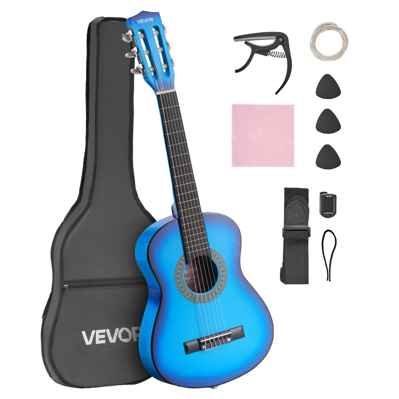 VEVOR 30-Inch Wood Body Classical Guitar Starter Kit for Beginners, Nylon Strings, Gig Bag, Strap, Tuner, Extra Strings, Picks, Capo, Basswood, All Seasons, Blue