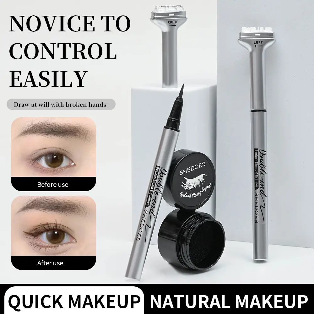 2-in-1 Dual Ended Eyeliner Stamp Pen with Left and Right Lower Lash Stamp, Fine Tip Liquid Eyeliner, Waterproof Longwear Quick-Dry Smudge-Proof Eye Liner for Beginners, Daily Party Makeup
