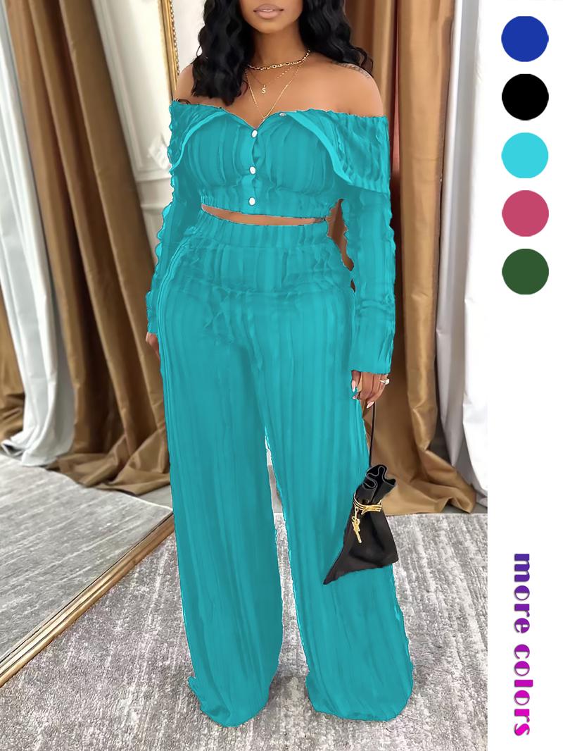 Lady 's Solid Off Shoulder Top & Wide Leg Pants Set, Elegant Loose Fashion Casual Two Piece Outfits for Daily Outdoor Wear, Casual Summer Set, Women Clothes for All Seasons, Womenswear