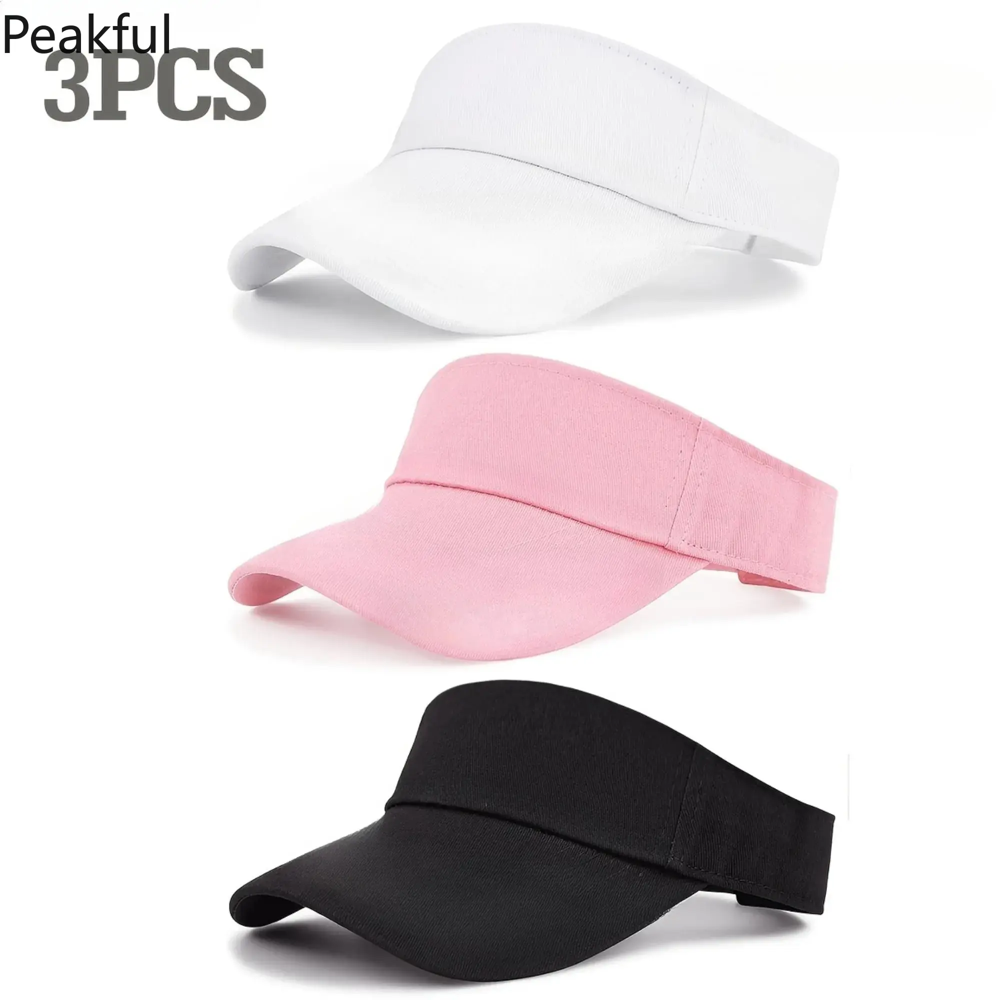 3-Pack Solid Color Visor Hats for Unisex, Adjustable Beach Sun Caps with UPF 50 Protection, Lightweight Breathable Sports Headwear for Summer Outdoor