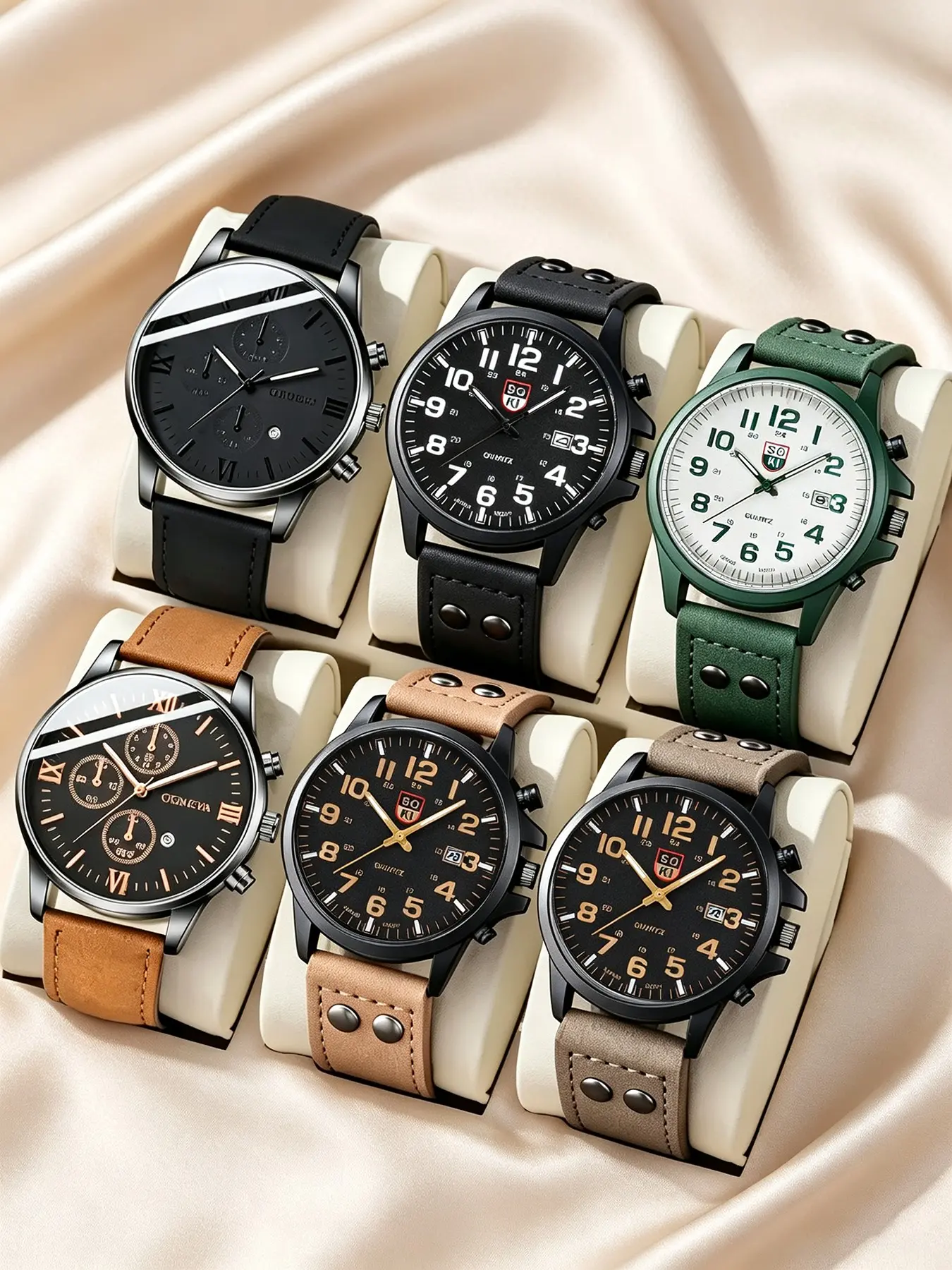 6pcs-Men’s PU Leather Band Quartz Wrist Watch 6‑Piece Set, Casual Military Analog Wristwatch with Calendar Window, Multi‑Color Tactical Dress Watch for Men, Ideal Gift Set for Daily Outdoor Business Wear