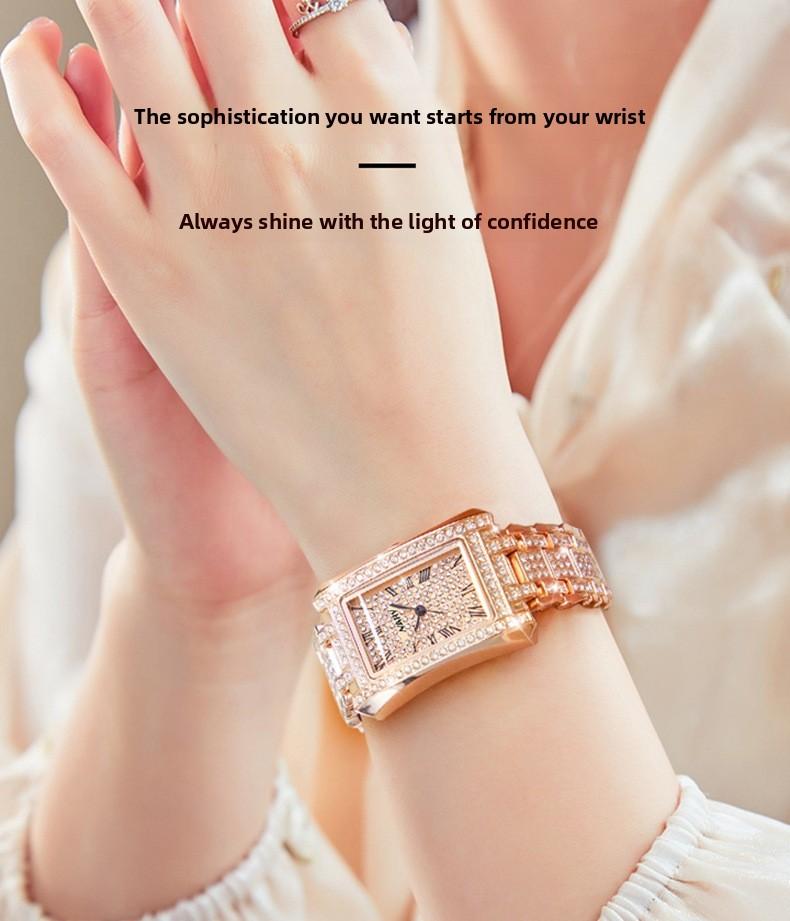 Women's Luxury Rose Gold Rectangle Quartz Watch - Fully Iced Out Diamond Encrusted Wristwatch with Roman Numerals, Stainless Steel Band, Elegant Dress Watch, Perfect Gift for Her