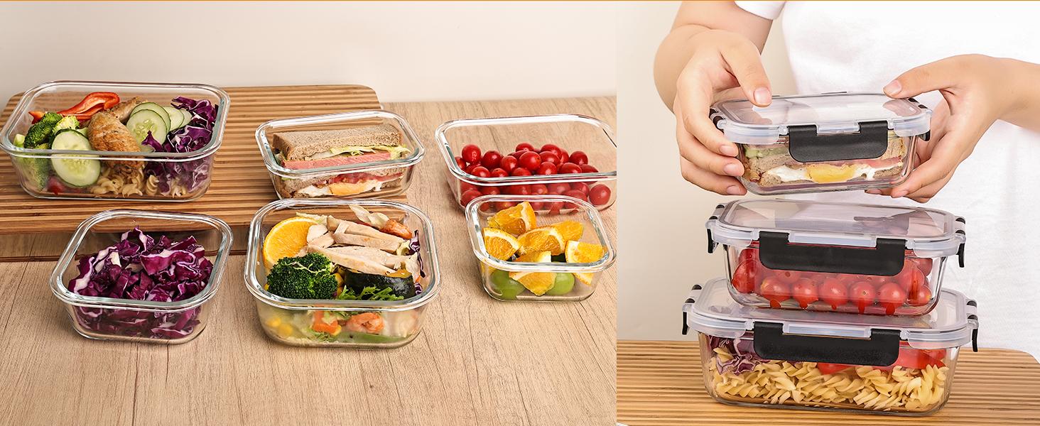 8 Pack Glass Food Storage Containers with Lids, Meal Prep Containers, Airtight Bento Boxes with Leak Proof Locking for Microwave, Oven, Freezer and Dishwasher, BPA Free