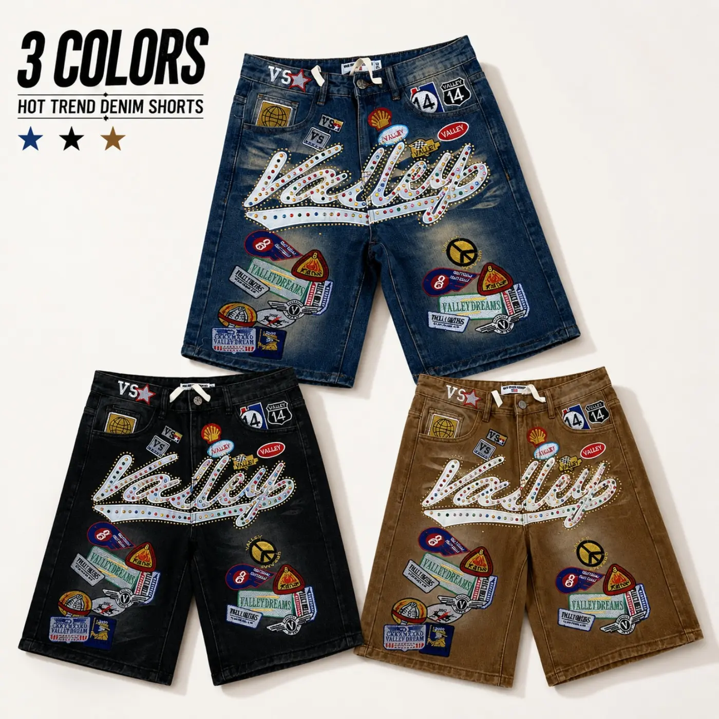 Vale Forever 1980S Jorts Denim Shorts Trendy Streetwear Embroidered Rhinestone Jean Shorts Unisex Loose Hip Hop Summer Bottoms TikTok Fashion Casual Outfit For Men Women