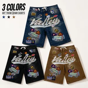 Vale Forever 1980S Jorts Denim Shorts – Trendy Streetwear Embroidered Rhinestone Jean Shorts, Unisex Loose Hip Hop Summer Bottoms, TikTok Fashion Casual Outfit for Men and Women