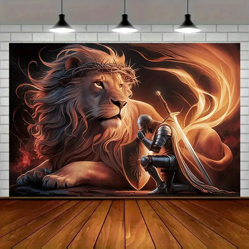 Armor of God Lion Warrior Tapestry - Inspirational Christian Wall Banner, Men's Room Decoration, Religious Party Backdrop, Living Room Hanging Decor, Room Decorations