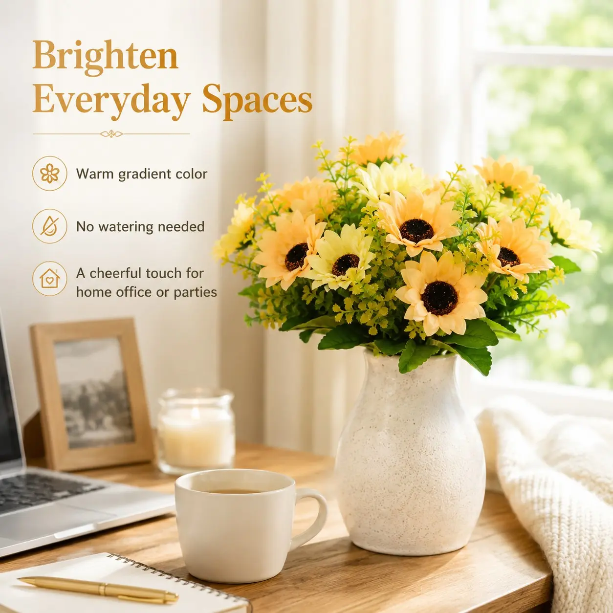 5 Bundles Artificial Sunflower Daisy Bouquet with Bendable Stems Faux Yellow Orange Floral Picks for Vase Wedding Table Centerpiece Birthday Decoration Home Office Garden Party Gift DIY Wreath Basket Arrangement Indoor Outdoor Decor
