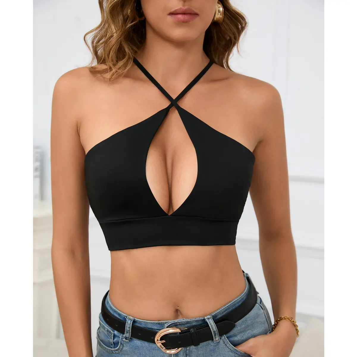 Women Halter Neck Cutout Crop Cami Top Sleeveless Deep V Neck Slim Fit Summer Party Club Tank Tops