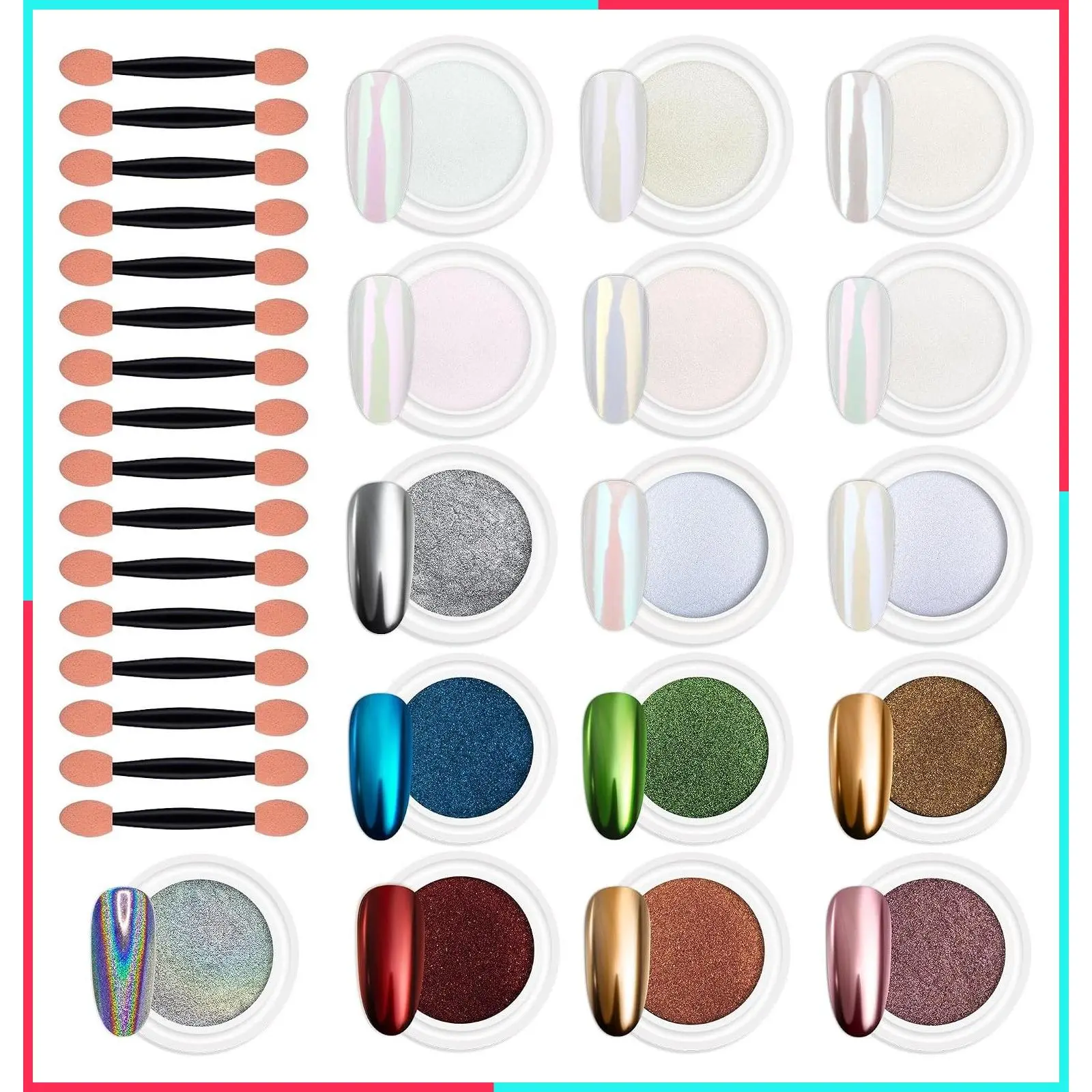 16 Colors Chrome Nail Powder, Iridescent Aurora White Pearl
